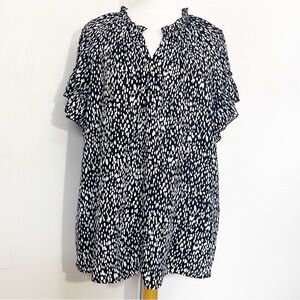 Cooper & Ella Ruffle Neck & Sleeve Black White Patterned Short Sleeve Blouse 1X